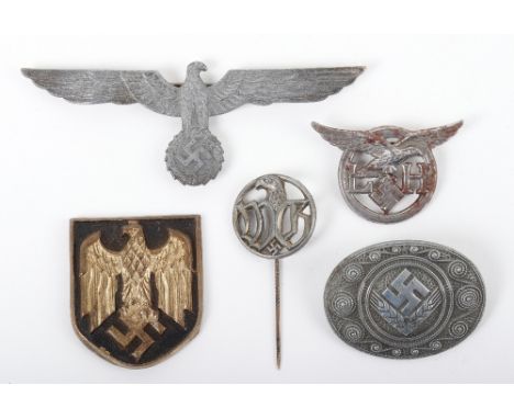 Third Reich Insignia Grouping, consisting of Afrika Korps sun helmet decal, German army summer pattern pin back tunic breast 