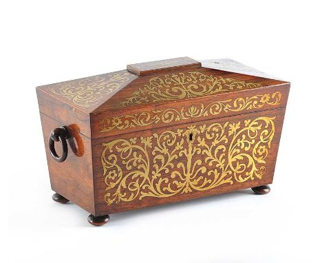 19TH CENTURY ROSEWOOD SARCOPHAGUS SHAPED TEA CADDY WITH BRASS INLAY AND RING DROP HANDLES FITTED WITH TWO TEA COMPARTMENTS AN