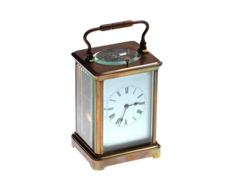 FRENCH BRASS STRIKING & REPEATING CARRIAGE CLOCK - - HEIGHT 5 INCHES X WIDTH 3.5 INCHES X DEPTH 3.5 INCHES 