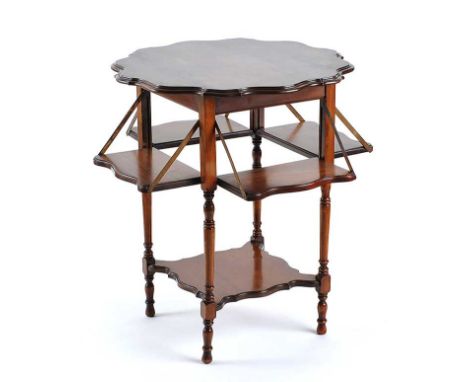 EDWARDIAN MAHOGANY OCCASIONAL TABLE WITH FOUR HINGED DROP SIDES & SHAPED SHELF UNDERNEATH - - HEIGHT 27 INCHES X WIDTH 23 INC