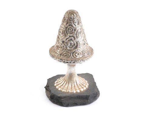 SILVER & ENAMEL MUSHROOM, 'PIXIES' WATERING PLANT' ON A SLATE BASE, NO. 100/250 - - HEIGHT 5.5 INCHES X DIAMETER 2.5 INCHES 