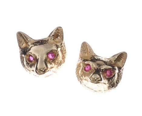 9CT GOLD FOX HEAD EARRINGS WITH RUBY EYES & 9CT GOLD WINGED BACKS - - WEIGHT 2.2 GRAMS 