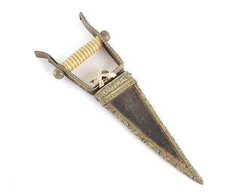 CONTINENTAL BRASS & BONE HANDLED DAGGER IN A BRASS & LEATHER SCABBARD - - LENGTH 13.5 INCHES  X 4 INCHES 