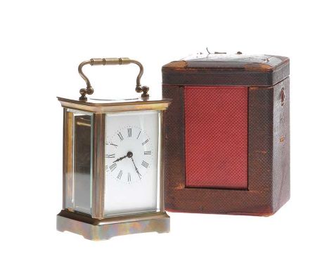 FRENCH BRASS CARRIAGE CLOCK & TRAVEL CASE - - HEIGHT 4.5 INCHES X WIDTH 3.5 INCHES X DEPTH 2.5 INCHES 