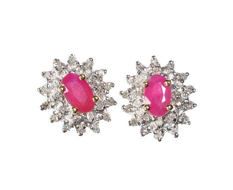 9CT GOLD RUBY & DIAMOND CLUSTER EARRINGS, 0.75CT RUBY & 0.2CT DIAMONDS - - WEIGHT 2.1 GRAMS