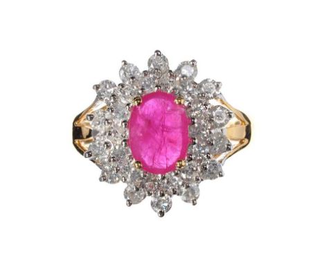 9CT GOLD RUBY & DIAMOND CLUSTER RING, WITH 1CT SINGLE STONE RUBY & 1CT DIAMOND CLUSTER - - WEIGHT 4.7 GRAMS