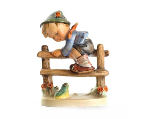 GOEBEL FIGURINE, 'BOY ON FENCE', 1948 GERMANY - - HEIGHT 4 INCHES