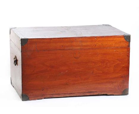 CAMPHOR WOOD BRASS BOUND TRAVEL TRUNK WITH BRASS DROP HANDLES & INITIALS R.A. TO TOP - - HEIGHT 21 INCHES X WIDTH 37.5 INCHES