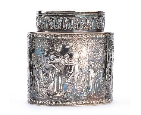 EMBOSSED SILVER OVAL SHAPED TEA CADDY WITH AN OVAL SHAPED LID, BIRMINGHAM 1905 - HEIGHT 3.5 INCHES X WIDTH 3.5 INCHES X DEPTH