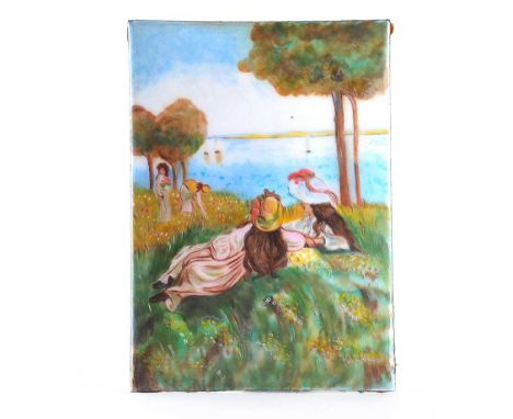 HAND PAINTED ENAMEL PLAQUE, 'GIRLS BY TREES' - - 7 X 5 INCHES - UNSIGNED