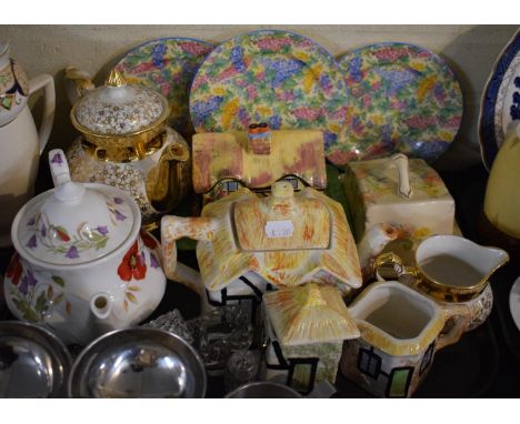 A Tray Containing Three Royal Winton Somerset Chintz Side Plates, Cottage Ware Teapot and Cheese Dish, Various Teapots etc 