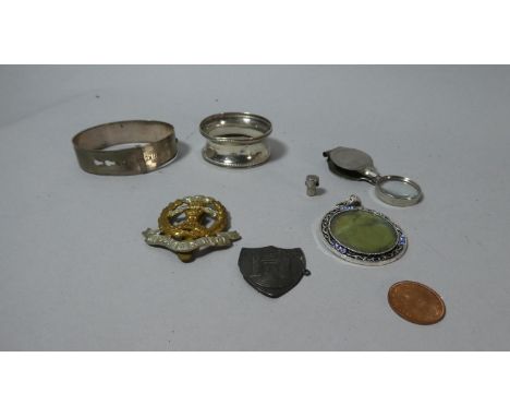 A Collection to Include Silver Napkin Ring, Sterling Silver Bangle, Magnifying Glass, Military Badge etc 