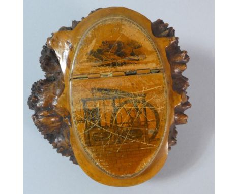 An Early 19th Century Scottish Burr Yew Wood Desk Top Snuff with Printed Decoration Depicting Fox and Watt Steam Beam Engine,