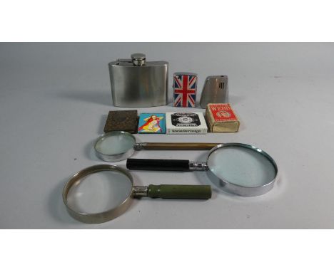 A Tray Containing Ronson Cigarette Lighter, Magnifying Glasses, Hip Flask, Vintage Matches etc 