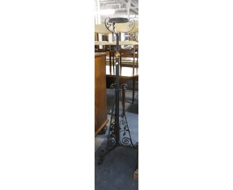 An Early 20th Century Brass Mounted Adjustable Wrought Iron Tripod Oil Lamp Stand 