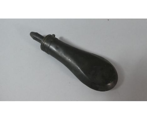 A 19th Century Patinated Brass Powder Flask with Measuring Spout, 20cm Long 