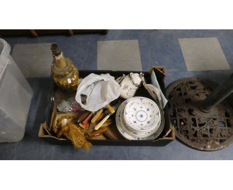 A Box of Sundries to Include Glassware, Cutlery, Ceramics, Table Lamp etc 