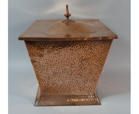 An Arts and Crafts Hammered Copper Coal Bucket of Waisted Form with Lid, One Ring Handle Missing, 30cm Square 