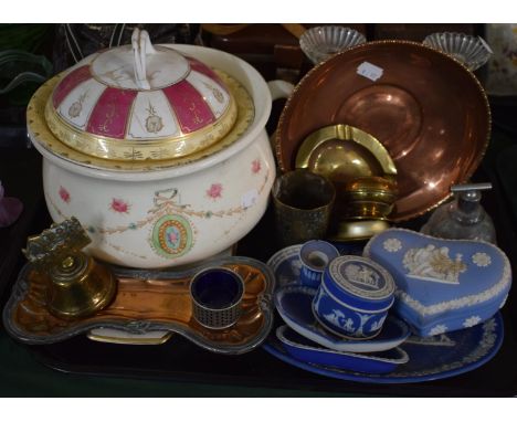 A Tray Containing Ceramics, Glassware and Metal Ware to Include Jasperware Trinket Dishes and Boxes, Blush Ivory Chamber Pot,