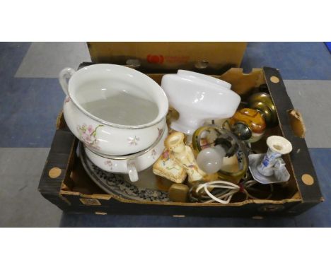 A Tray of Various Floral Pattern Ceramics, Table Lamp etc 