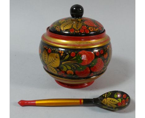 A Khokhloma Painted Russian Preserve Pot and Spoon from the Novgorod Region, 12cm high 