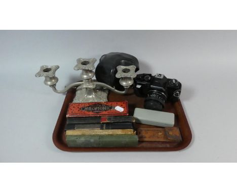 A Tray Containing Three Branch Candelabra, Hohner Chromatic Harmonica, Cut Throat Razors etc 