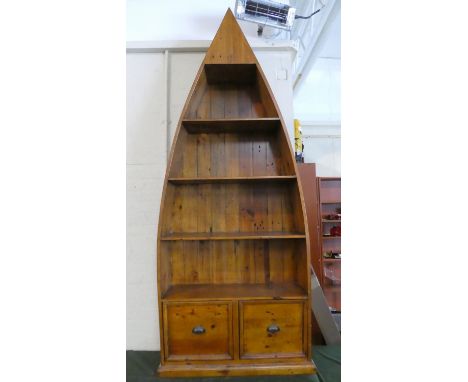 A Contemporary Wooden Shelf Unit in the Form of a Boat with Two Drawers to Base, 83cm Wide, 206cm High 