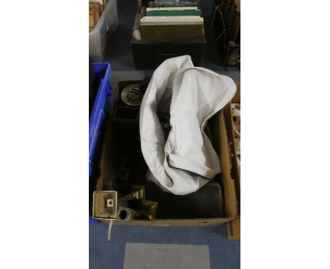 A Bag of Cutlery, Brass Oil Lamp, Brass Candle Sticks, Cased Cutlery 