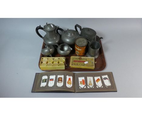 A Tray Containing Pewter Four Piece Teaservice, Teapot, Tankard, Tin of Brooke Bond Dividend Coffee (Unopened), Cigarette Car