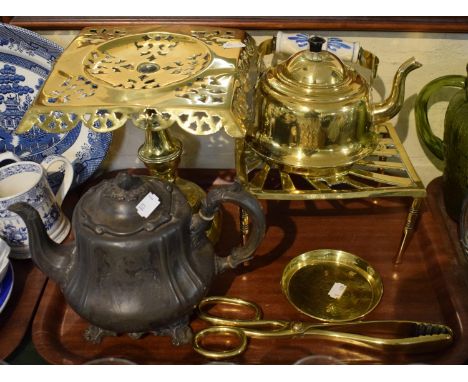 A Tray of Metalwares to Include Brass Kettle Stand and Trivet, Brass Kettle, Pewter Teapot Etc 
