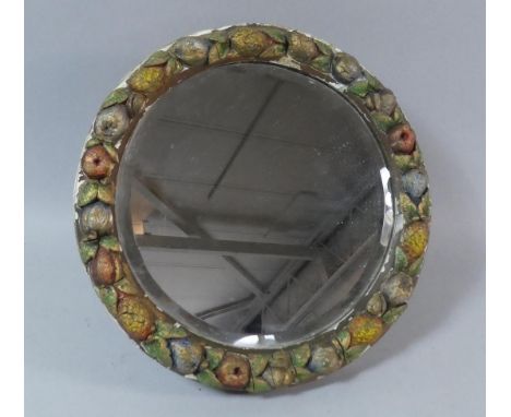An Edwardian Circular Easel Back Wall Mirror with Moulded Painted Fruit Decoration to Frame, 27.5cm Diameter 
