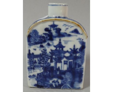 A Chinese Blue and White Arched Topped Tea Caddy or Flask (Missing Cover) Decorated with Pagoda and River Landscape, 12cm hig