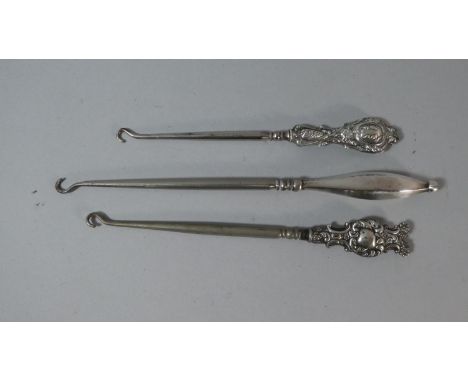 A Collection of Three Silver Handled Button Hooks, Various Hallmarks 