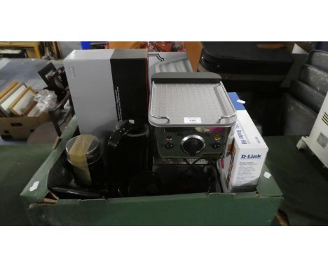 A Box of Various Electronics to Include Coffee Maker, Espresso Mobil by Audi etc 