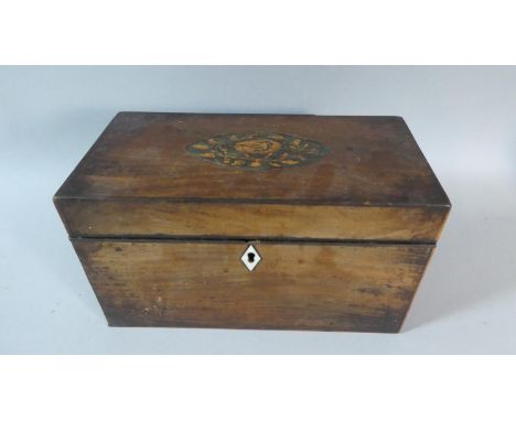 An Inlaid 19th Century Mahogany Tea Caddy with Bird Decoration to Hinged Lid, One Hinge Requiring Attention, 23.5cm Wide 