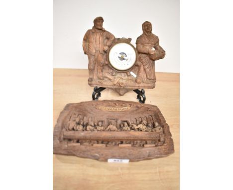 A cast resin oak effect precision barometer, h20cm, sold together with a resin last super, (2)