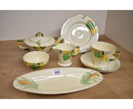 A Clarice Cliff Newport Pottery oval corn on the cob dish 25cm (hairline to rim) sold along with Grindley Art Deco design tea