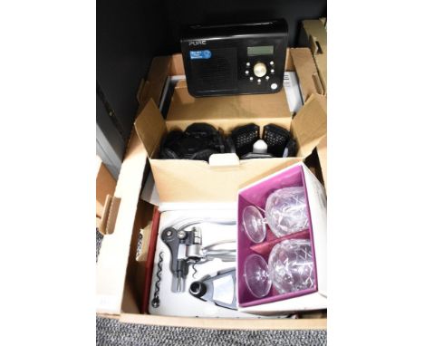 A Pure One Classic Series 2 Portable Digital and FM radio, a pair of Versailles Crystal brandy glasses, a lever action corksc