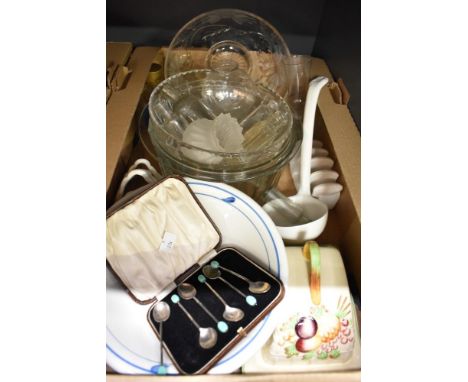 Two crystal fruit bowls sold with another two large glass bowls, a cheese dome in cream decorated with a variety of fruit and