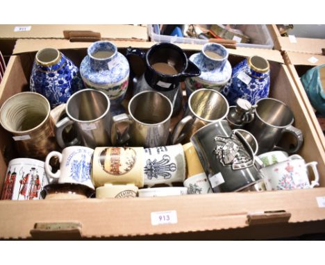 A Lovatt-Langley Mill 1.5pt jug, two pairs of mainly blue and white vases, five pewter tankards sold along with a York Rose s