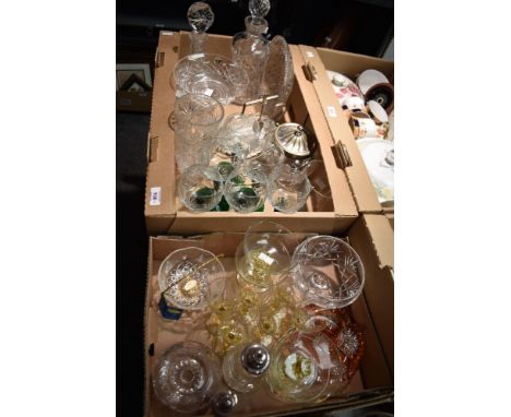 A cut glass ships decanter and another similar, a set of six green stemmed cut glass wine glasses, a tazza, bon bon dish and 