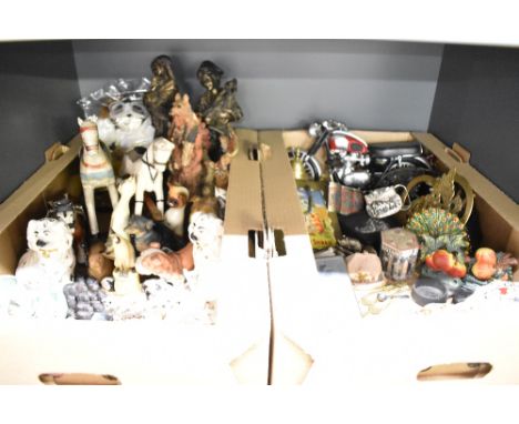 A large assortment of collectibles in two cartons including a Border Fine Arts Siamese cat study, two wooden rocking horse or