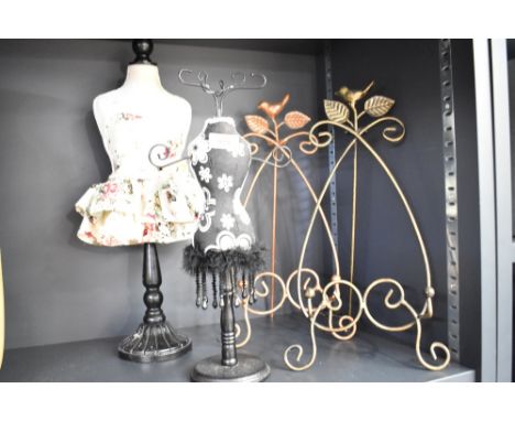 Two jewellery mannequin display stands and two brass effect picture stands