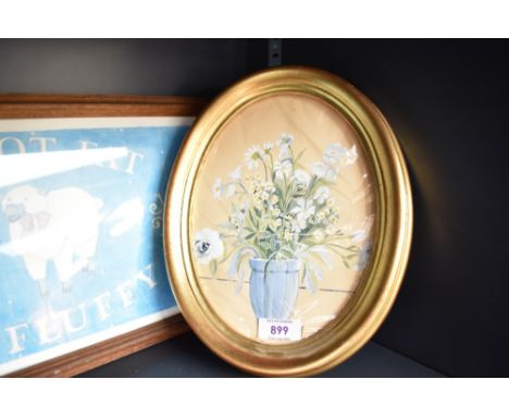 A handpainted still life depicting flowers in a vase in oval frame 28m x 22cm sold along with a comical sheep picture