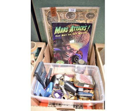A miscellaneous collection of items including a copy of Mars Attacks - The Art of the Movie, a small amount of ephemera, calc