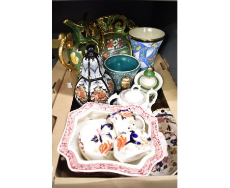 An H Bequet Quaregnon Belgium hand painted decorative vase and plate in green and a similar vase in blue, a large pink and wh
