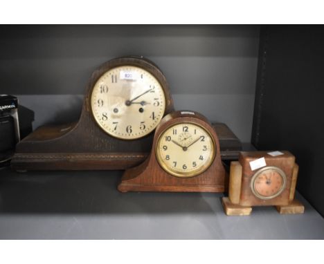 A large 20th century Napoleon hat mantel clock, L55cm, sold together with a smaller Napoleonic style oak mantel clock and a A