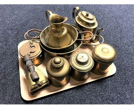 A tray of various brassware including teapot, tea canisters, sieves, iron etc