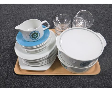 A tray containing six glass sundae dishes together with twenty-one pieces of J & G Meakin studio dinner ware 