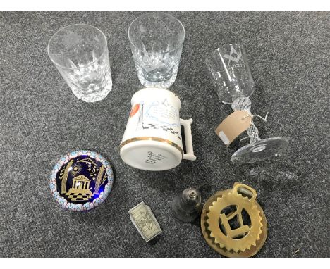 Eight items bearing Freemasons insignia including wine glass, whisky tumbler, salt cellar, brass door knocker, paperweight et